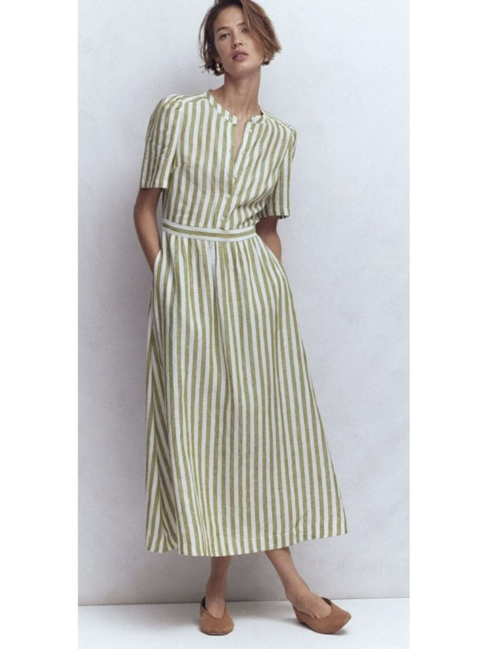 Boden Ivy Green Striped Linen Dress Prairie Size 10P